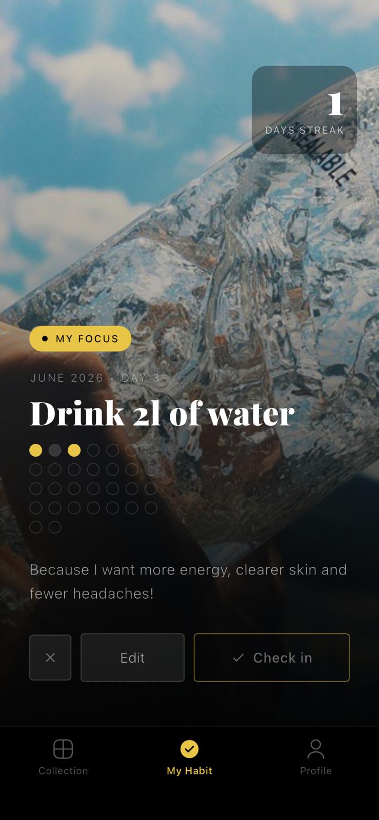 OneHabit — My Focus home screen with personal photo and streak